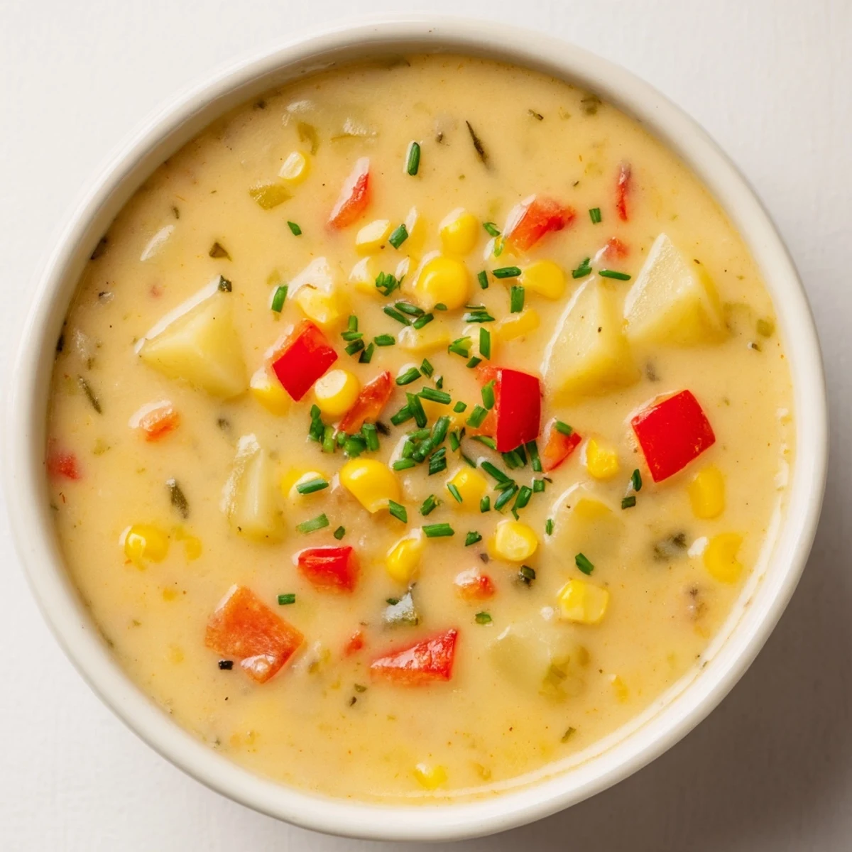 Serve Creamy Corn Chowder with Peppers in a warm mug alongside crusty bread for a cozy, vegetarian weeknight dinner.