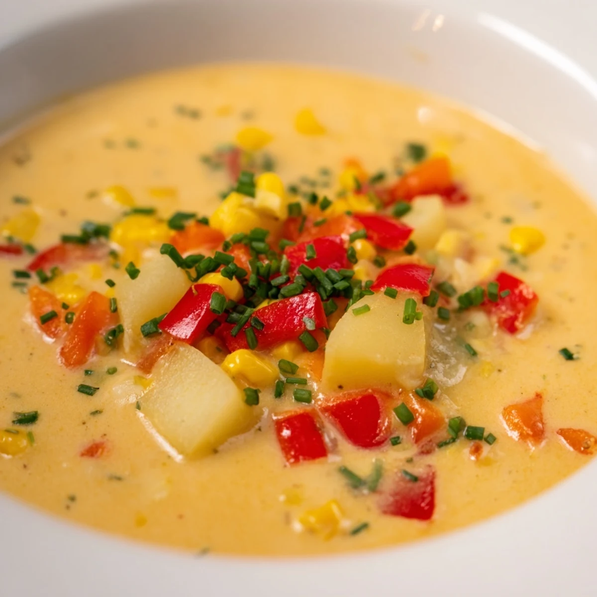 A spoonful of Creamy Corn Chowder with Peppers reveals golden corn, diced potatoes, and vibrant bell peppers in a velvety, smoky broth.