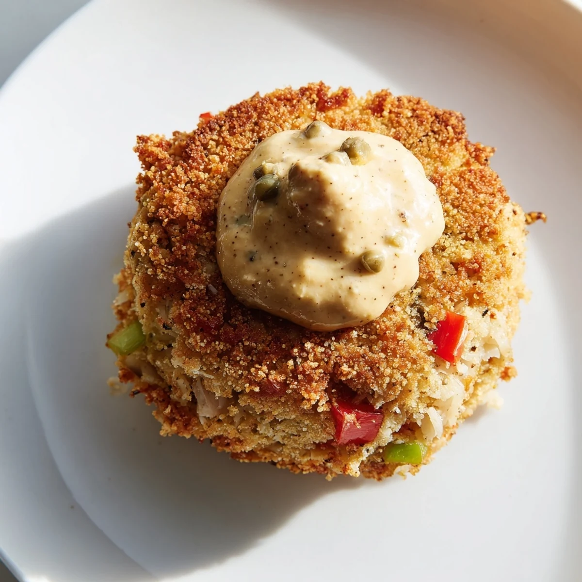 Golden Cajun Crab Cakes with Remoulade rest on a white plate, garnished with parsley, showcasing a crispy, golden-brown exterior and tender crab filling.  