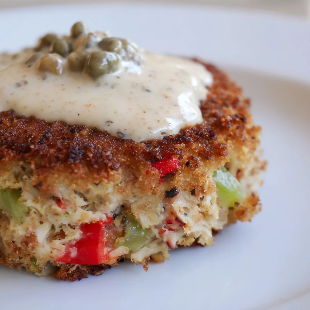 A close-up of Cajun Crab Cakes with Remoulade highlights the zesty remoulade drizzle, flecked with capers and herbs, next to fresh lemon wedges.  