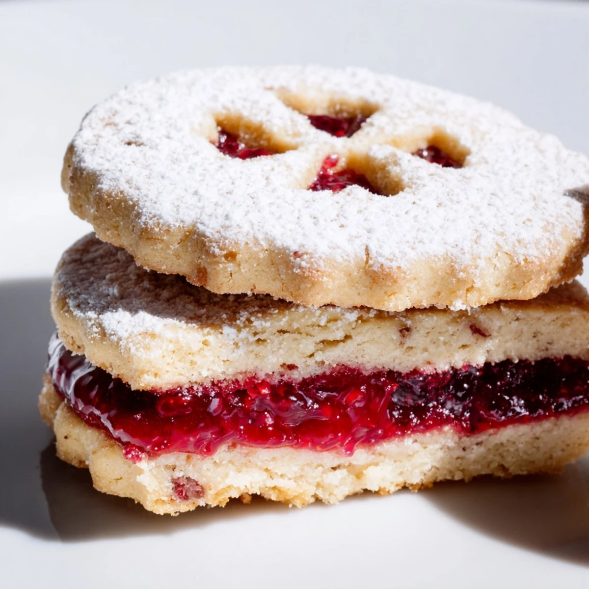 Buttery raspberry linzer cookies with jam-filled centers and powdered sugar dusting, served on a festive plate.