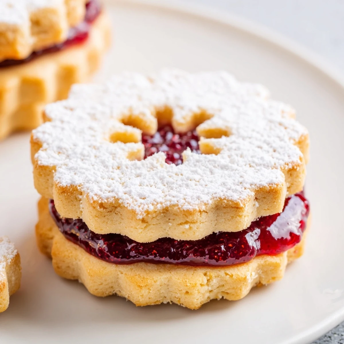 Delicate almond linzer cookies with raspberry jam filling, arranged on a wire cooling rack for baking.