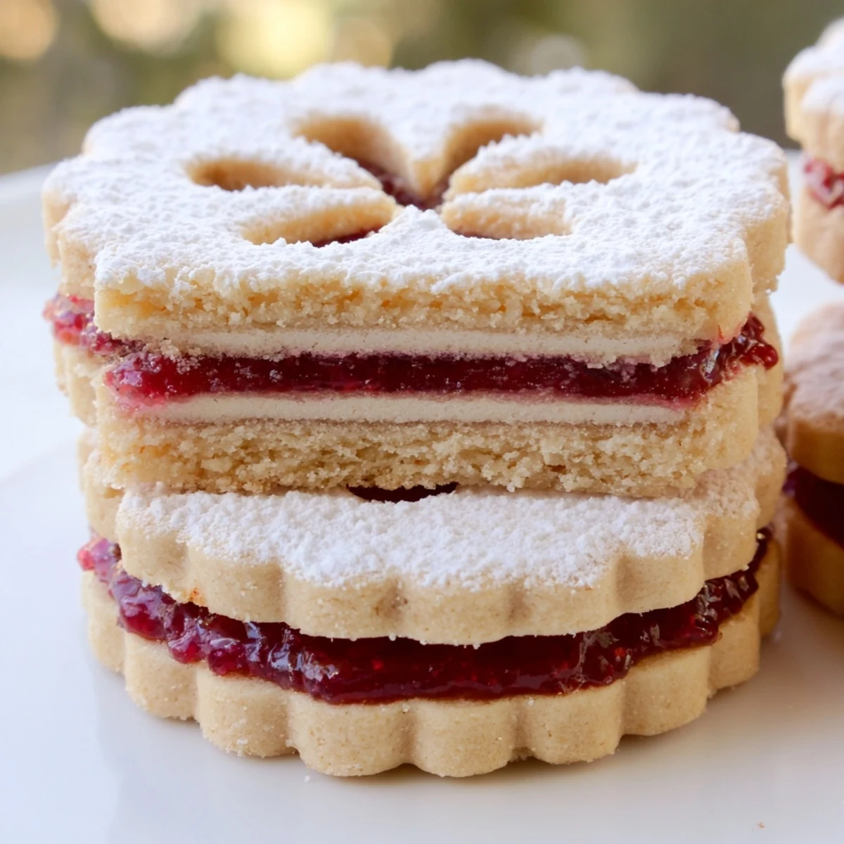 Raspberry linzer cookies dusted with powdered sugar, perfect for holiday platters and sweet afternoon treats.