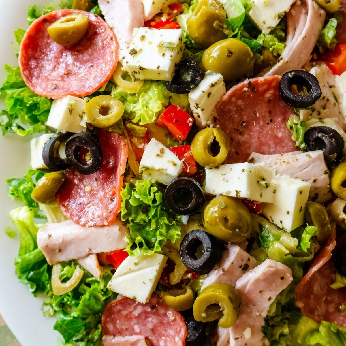 A vibrant New Orleans Muffuletta Salad tossed with garlicky vinaigrette, perfect for a picnic.
