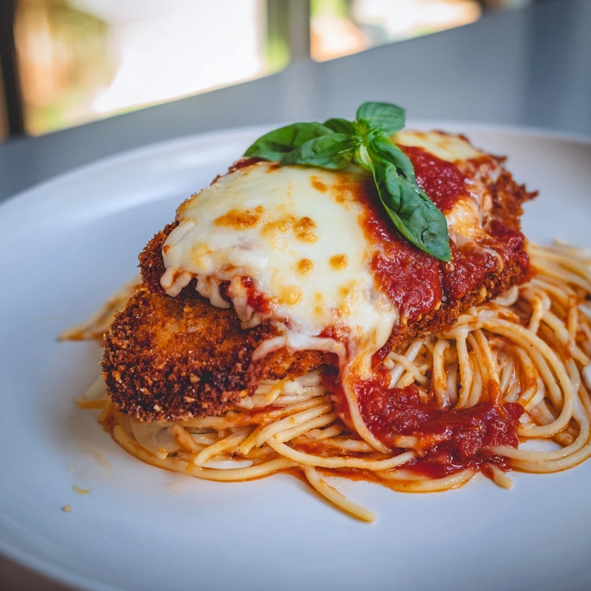 Golden-brown breaded chicken breasts topped with melted mozzarella and marinara sauce, served over spaghetti marinara.