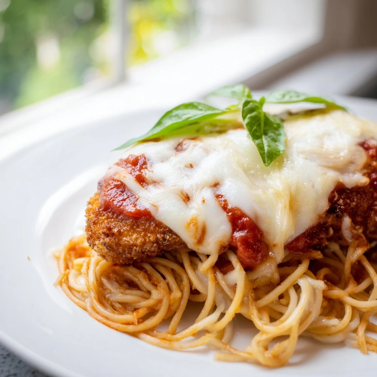 Crispy chicken parmesan baked with rich marinara and mozzarella, plated alongside twirled spaghetti marinara.