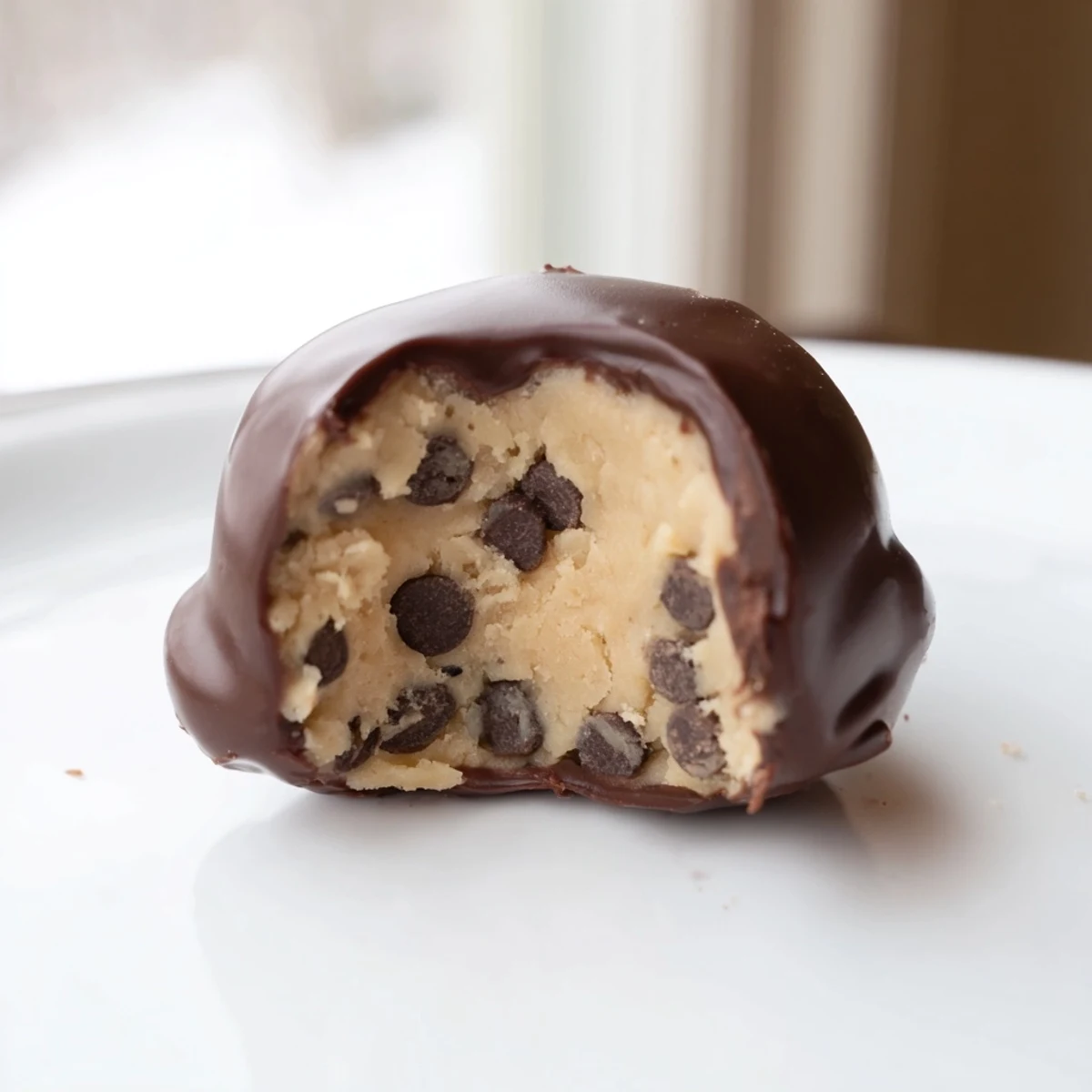 Fudgy Chocolate Chip Cookie Dough Truffles coated in smooth chocolate, ready to serve as a decadent party dessert.