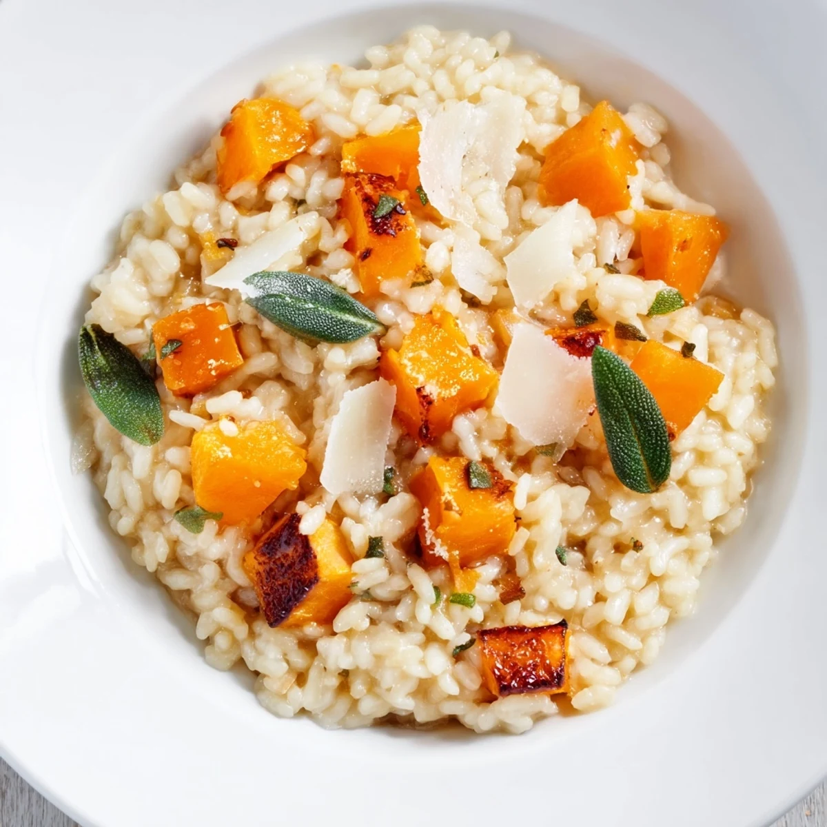 A comforting bowl of roasted butternut squash risotto garnished with freshly grated Parmesan.  