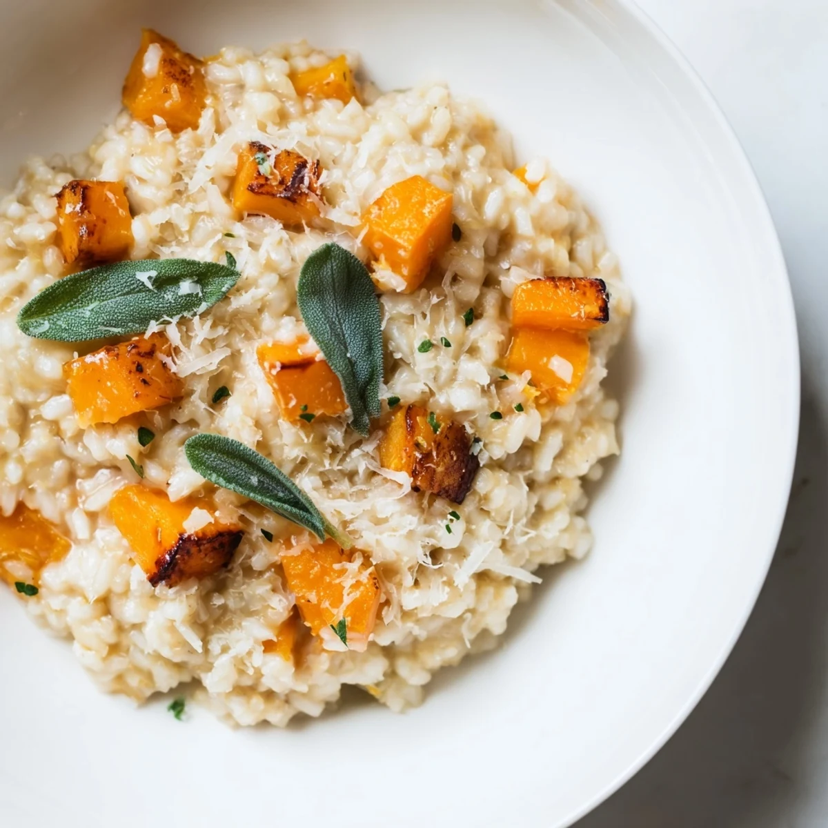 Golden-brown roasted butternut squash risotto swirled with creamy Arborio rice and fresh sage.  