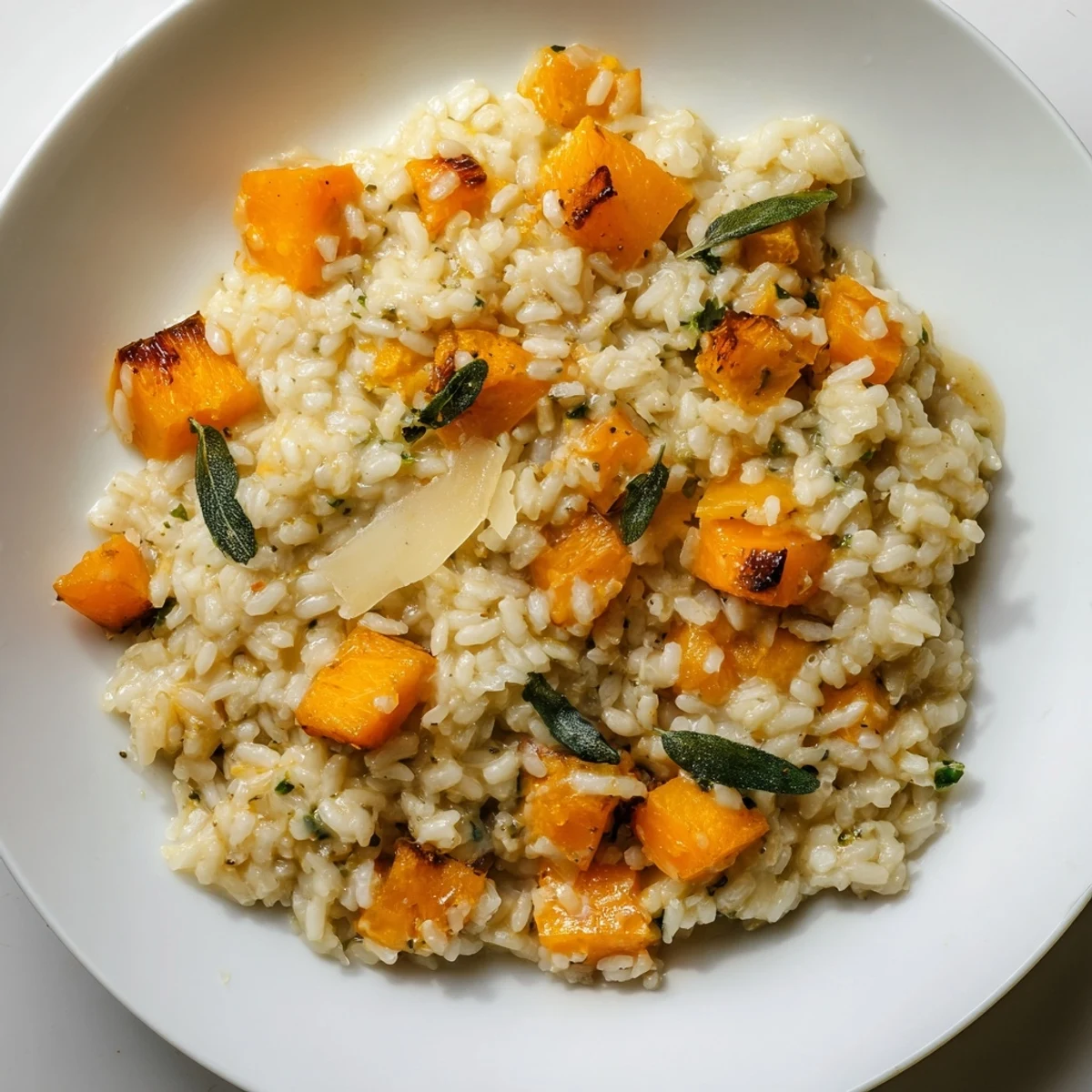 A steaming spoonful of roasted butternut squash risotto, featuring tender cubes and a velvety texture.