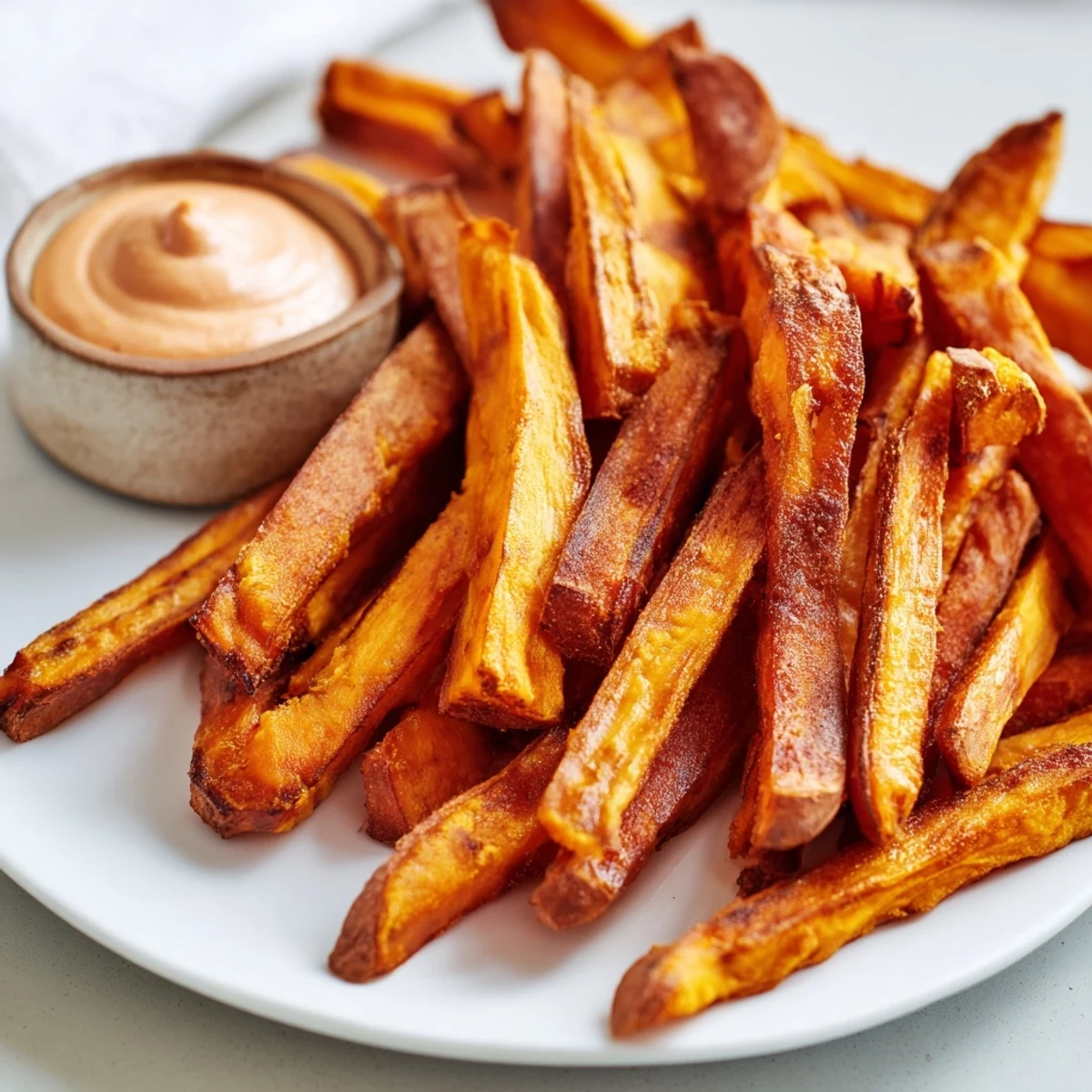 Crispy sweet potato fries with golden edges, served alongside a vibrant chipotle mayo dipping sauce.