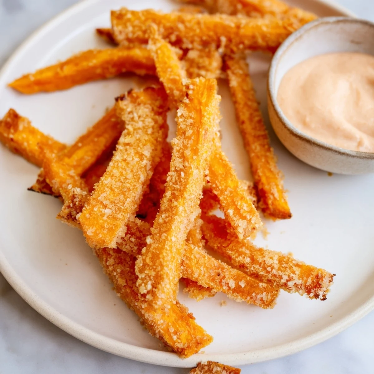 Golden brown Crispy Sweet Potato Fries with Chipotle Mayo arranged on a rustic platter.