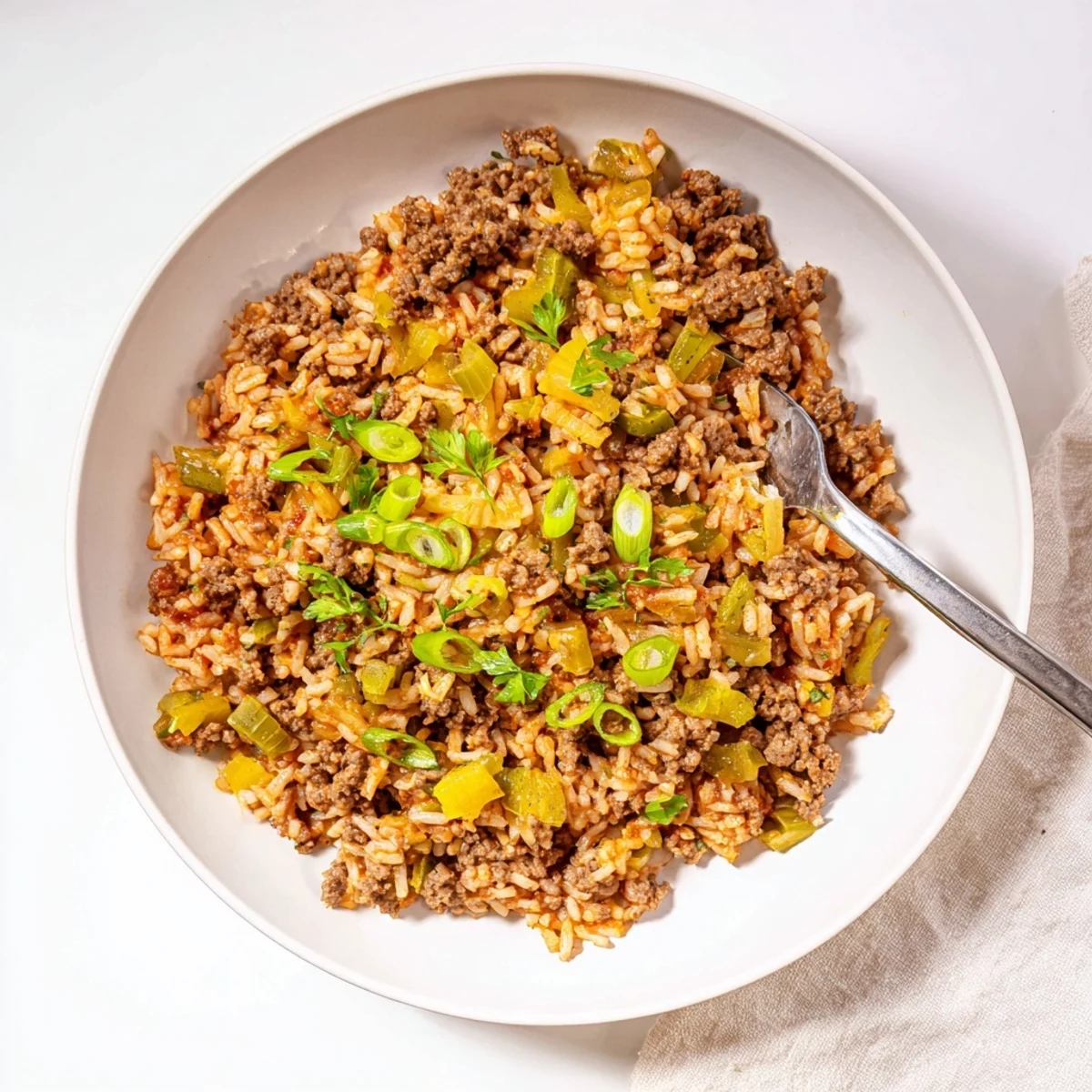 Fluffy rice cooked with seasoned ground beef and bold spices in this Mardi Gras Dirty Rice with Beef, ready to serve.