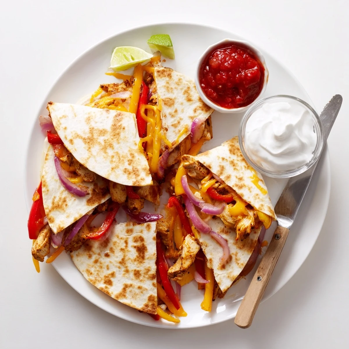Crispy golden Chicken Quesadillas with Peppers, stuffed with sautéed bell peppers and melted cheese, served with fresh salsa and lime wedges.