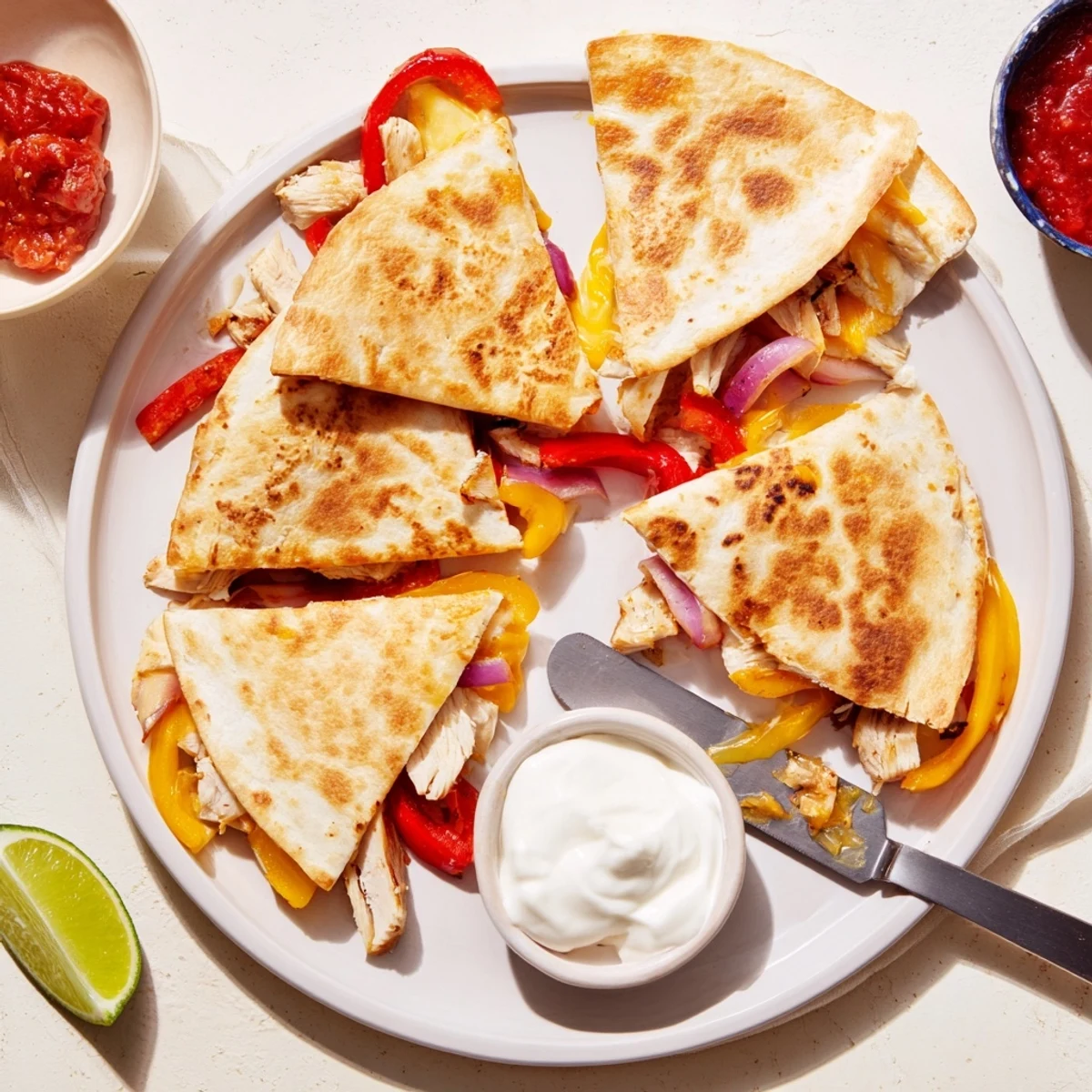 A close-up of Chicken Quesadillas with Peppers, featuring tender chicken and colorful peppers peeking out from a golden-brown tortilla slice.