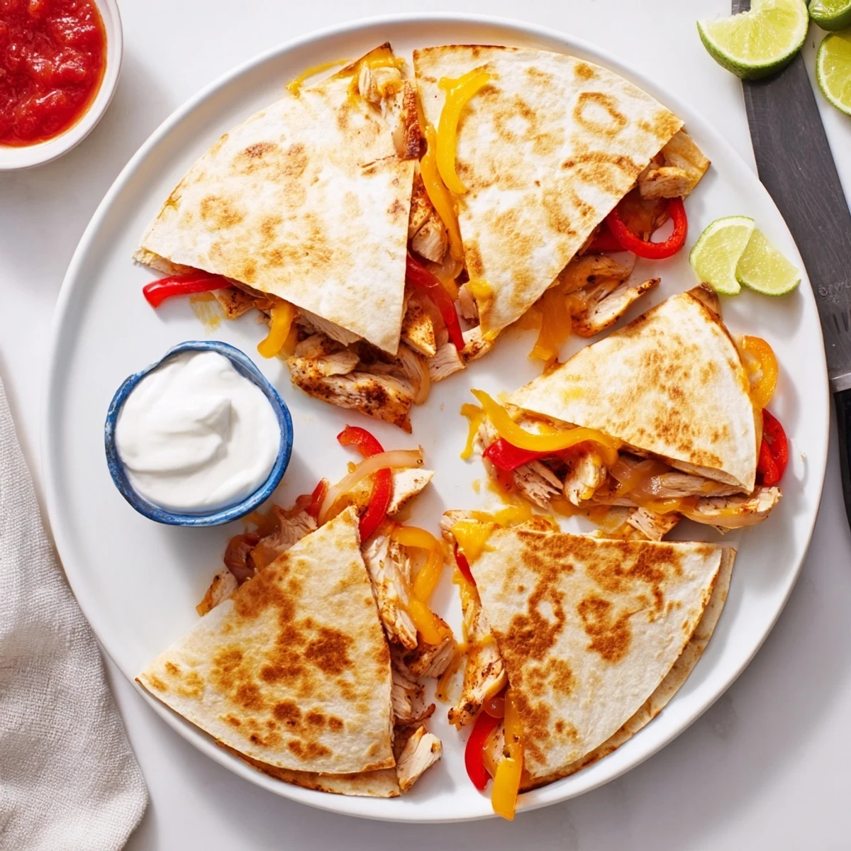Overhead view of Chicken Quesadillas with Peppers on a rustic plate, garnished with cilantro and accompanied by sour cream and salsa for dipping.