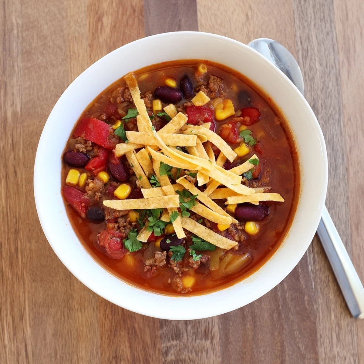 A steaming bowl of Beef Enchilada Soup with Tortilla Strips, garnished with cheese and avocado, ready to serve.  