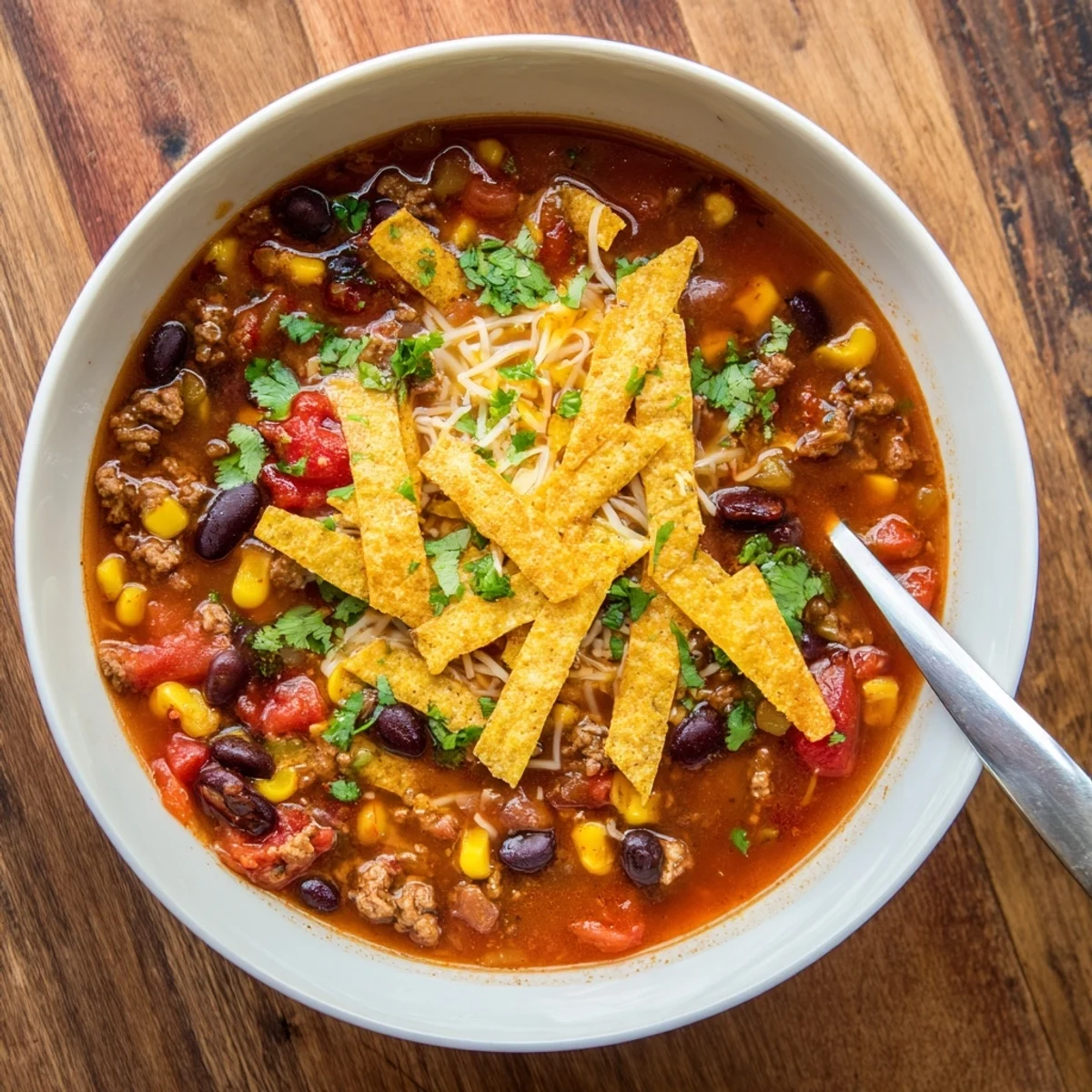 Hearty Beef Enchilada Soup with Tortilla Strips ladled into a rustic bowl, topped with fresh cilantro and sour cream.  