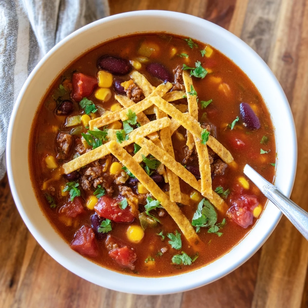Close-up of Beef Enchilada Soup with Tortilla Strips, showing tender beans, corn, and shredded cheese melting on top.