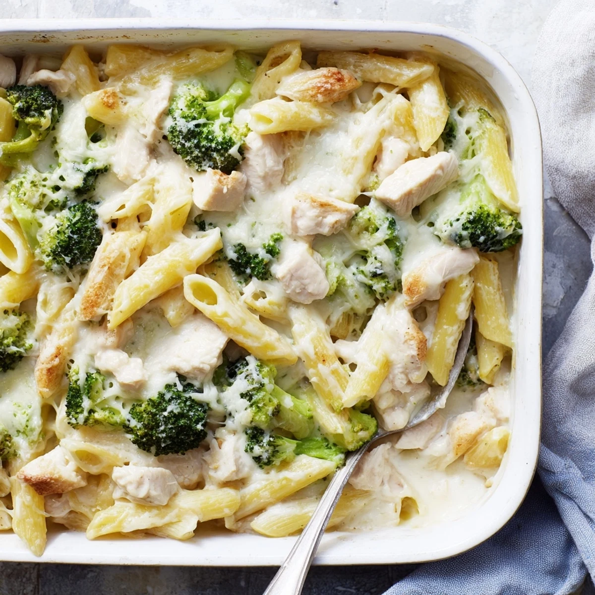 A close-up of Chicken Alfredo Bake with Broccoli, golden melted cheese bubbling over creamy pasta and vibrant green florets in a white dish.  