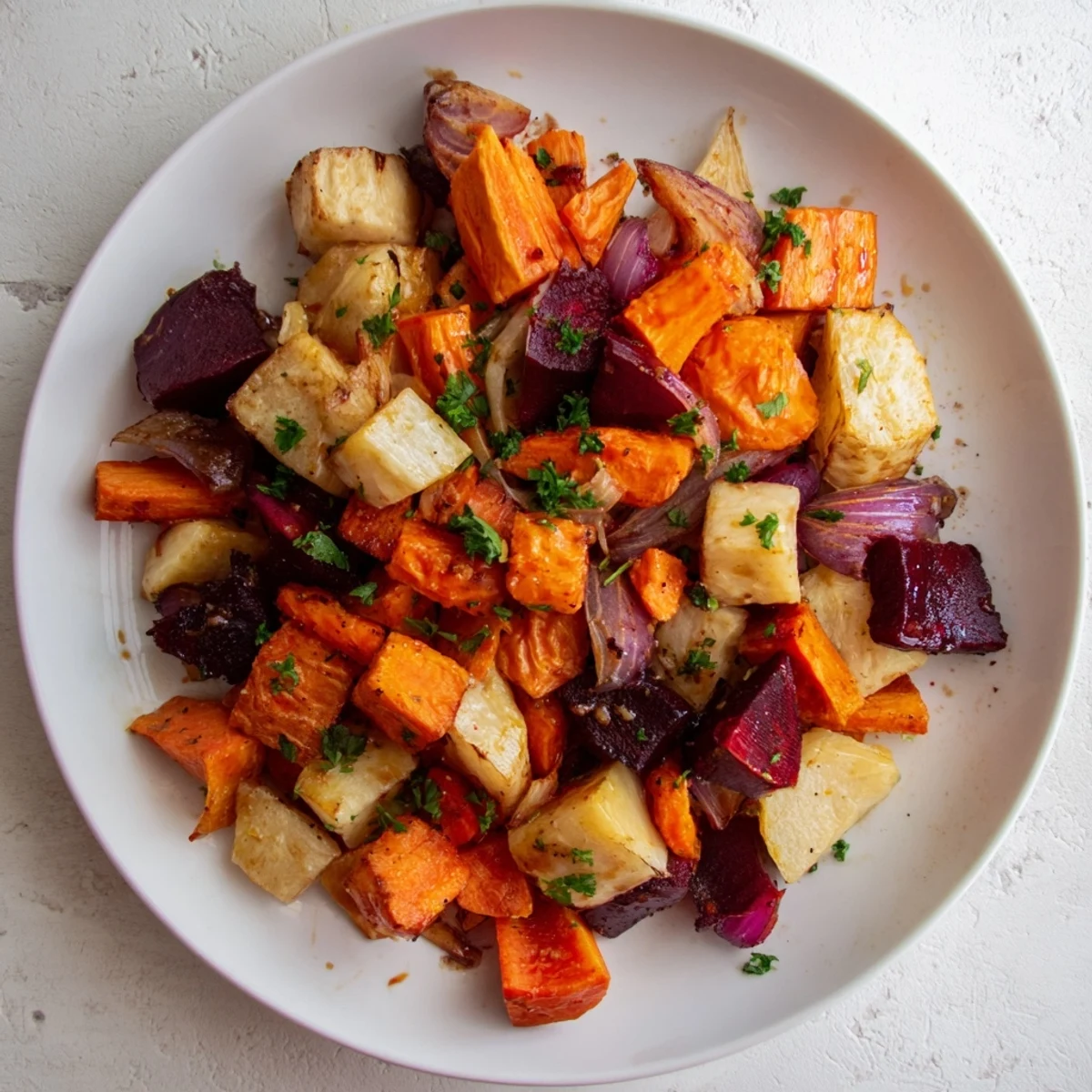 Roasted Root Vegetables with Balsamic glaze, featuring caramelized carrots, parsnips, and beets on a rustic baking sheet.