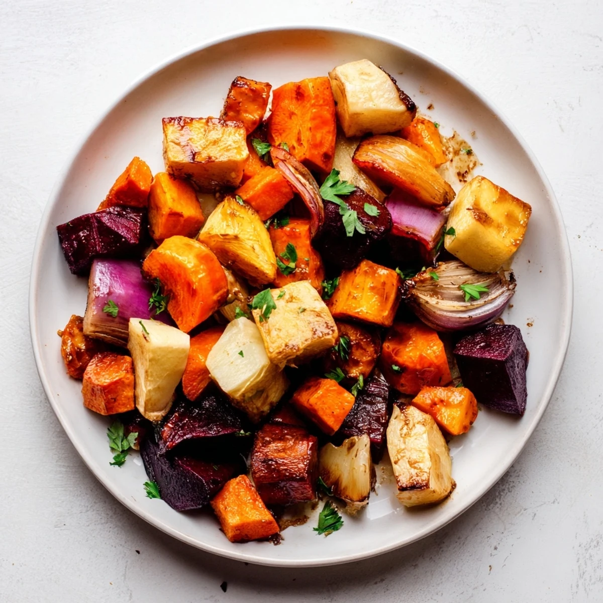 Close-up view of Roasted Root Vegetables with Balsamic, showing golden-brown edges and glossy, sweet balsamic coating.