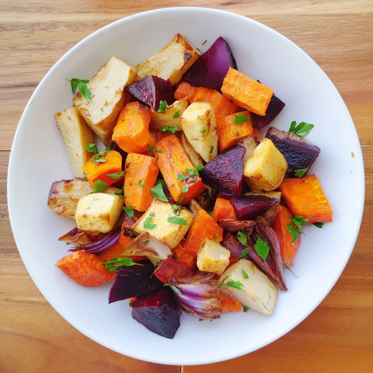 A vibrant platter of Roasted Root Vegetables with Balsamic, garnished with fresh parsley and drizzled with tangy glaze.
