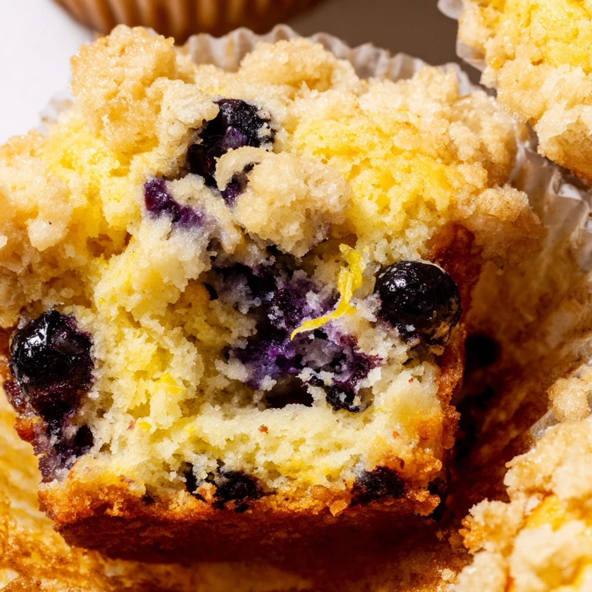 Freshly baked Lemon Blueberry Muffins with Streusel sit on a wire rack, their golden crumbs glistening in the morning light.  