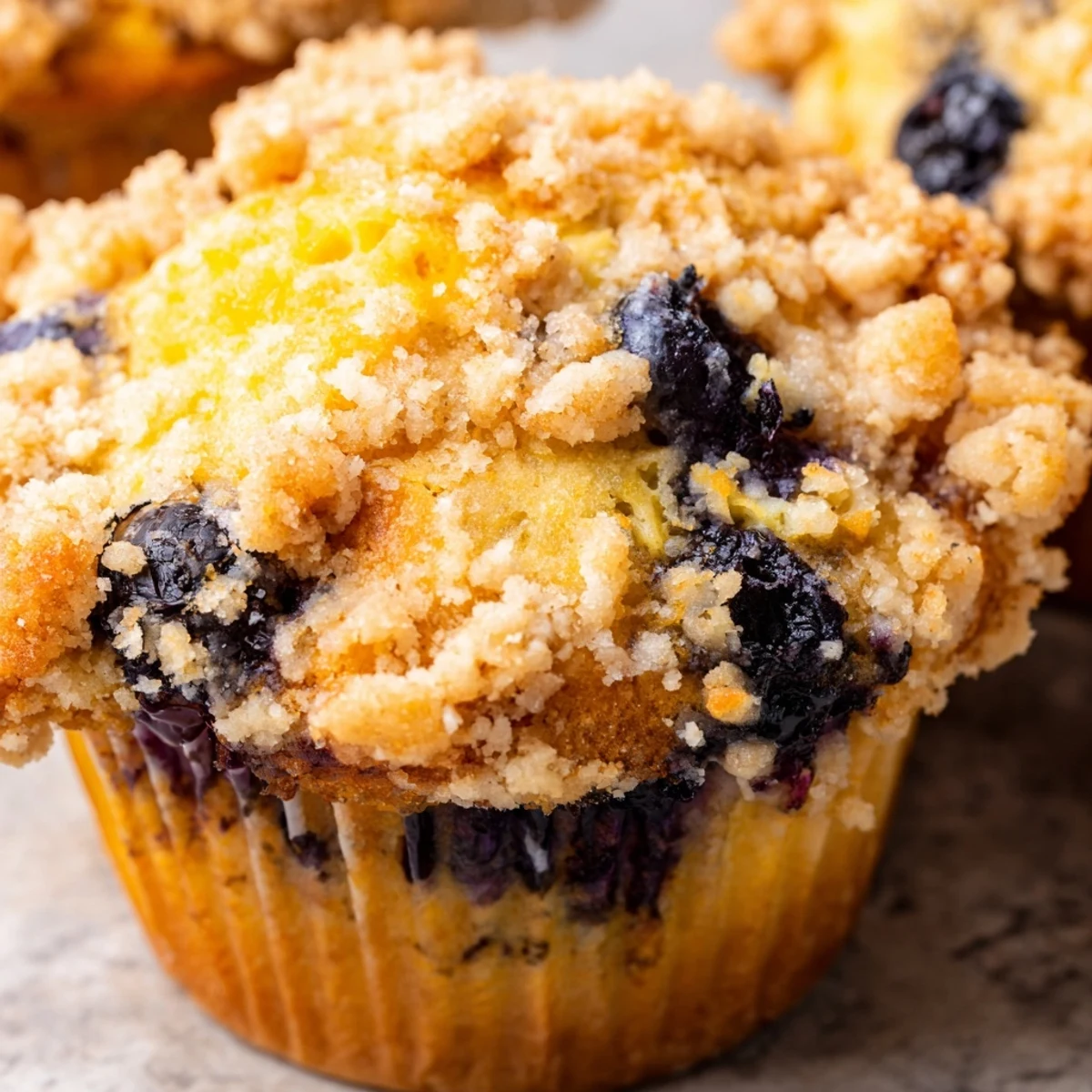 Warm Lemon Blueberry Muffins with Streusel are arranged on a rustic wooden board, ready for breakfast.