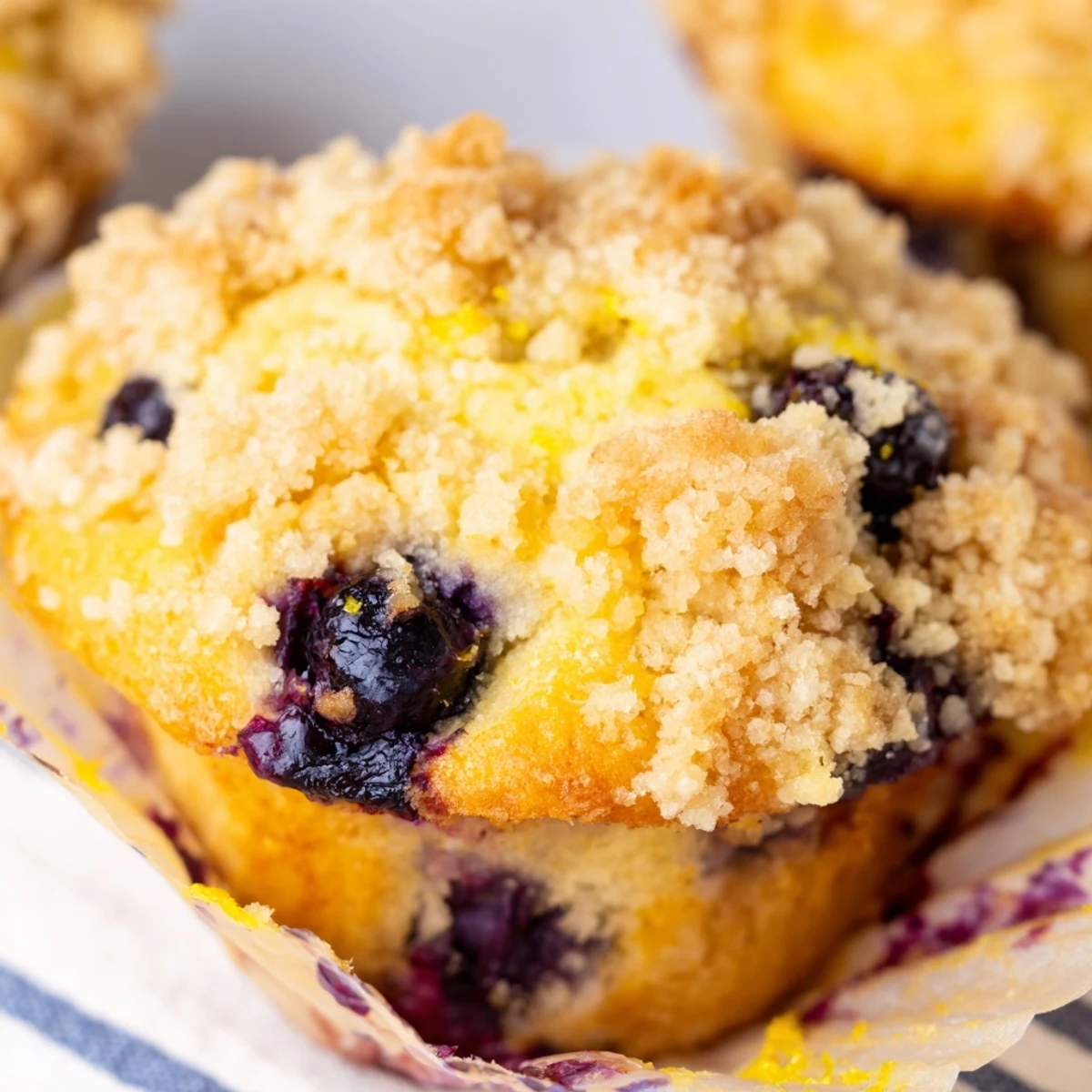 A close-up of a Lemon Blueberry Muffin with Streusel reveals juicy berries and a buttery, crumbly topping.  