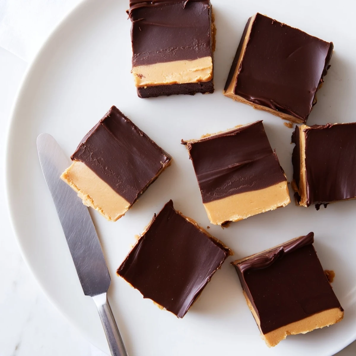A close-up of Chocolate Peanut Butter Fudge squares on a wooden board, showcasing creamy, glossy layers.