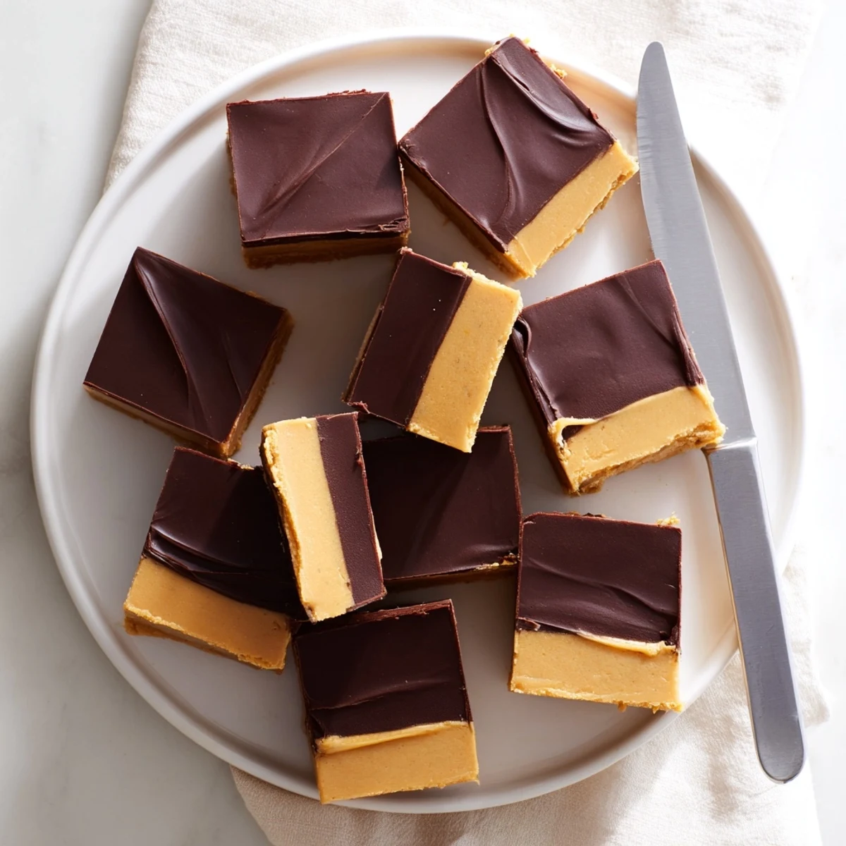 A chilled pan of Chocolate Peanut Butter Fudge cut into neat squares, ideal for a sweet dessert platter.