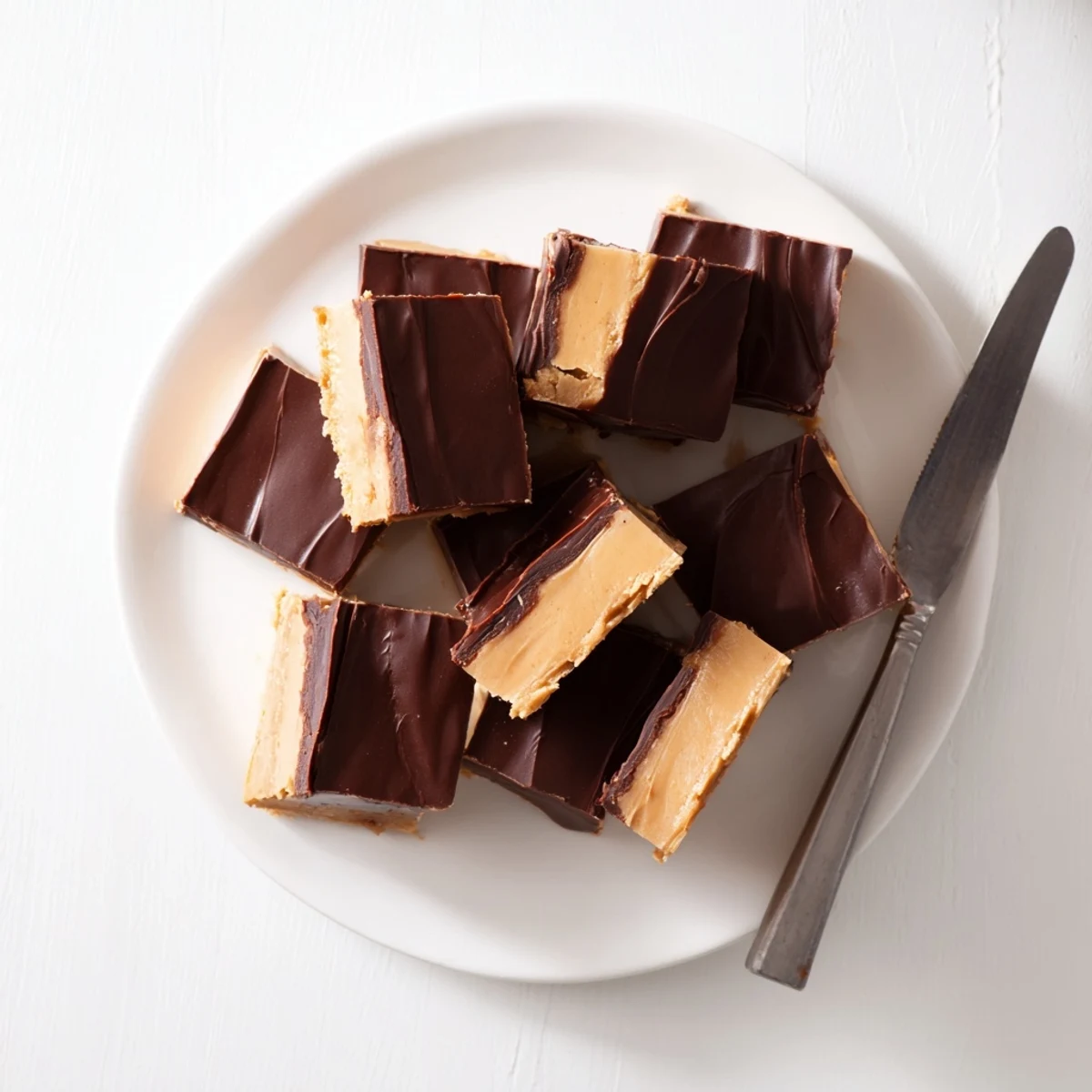 Decadent Chocolate Peanut Butter Fudge pieces stacked on a parchment-lined tray, showcasing their rich, melt-in-your-mouth texture.