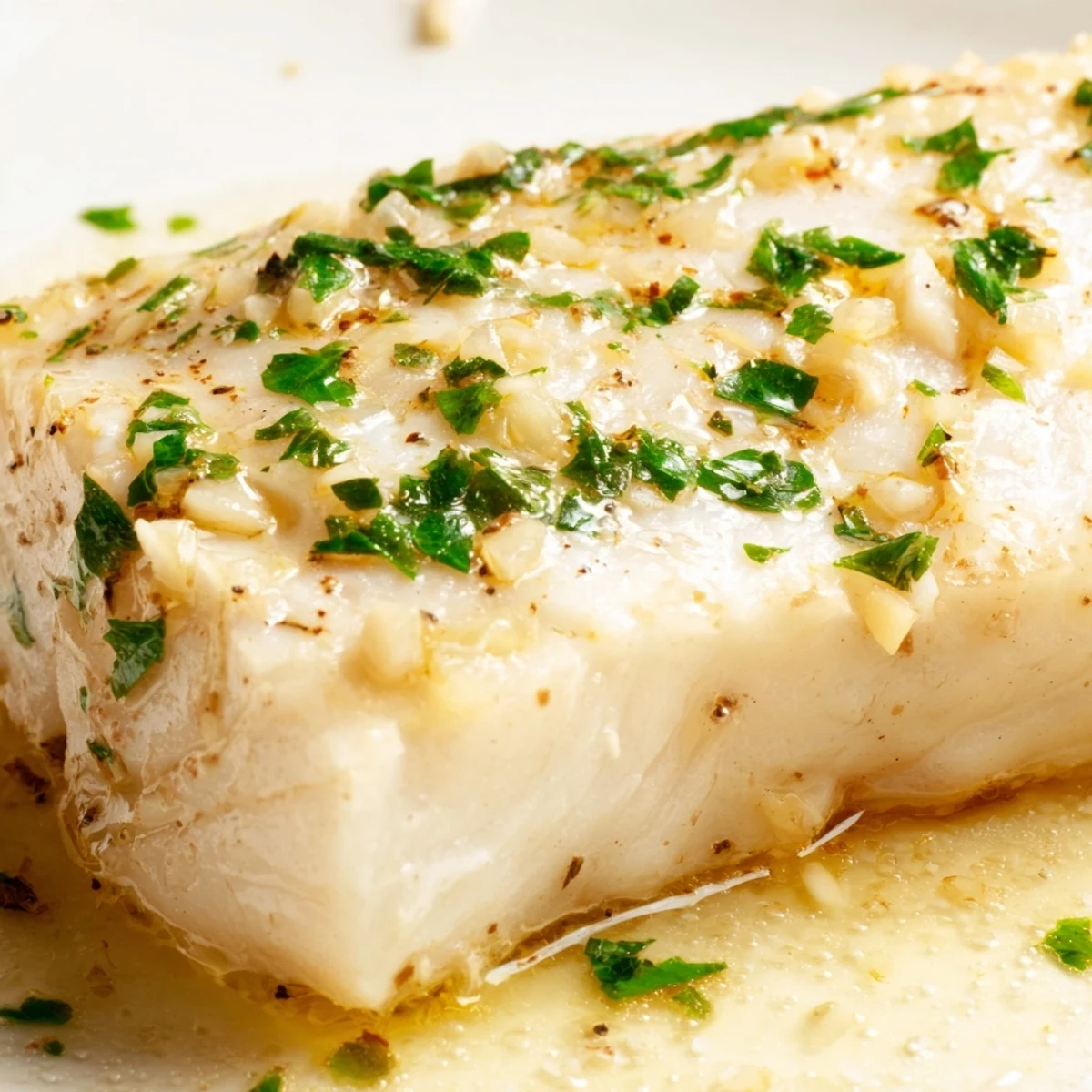 Tender baked halibut fillets glistening with a zesty lemon butter sauce, garnished with fresh parsley.