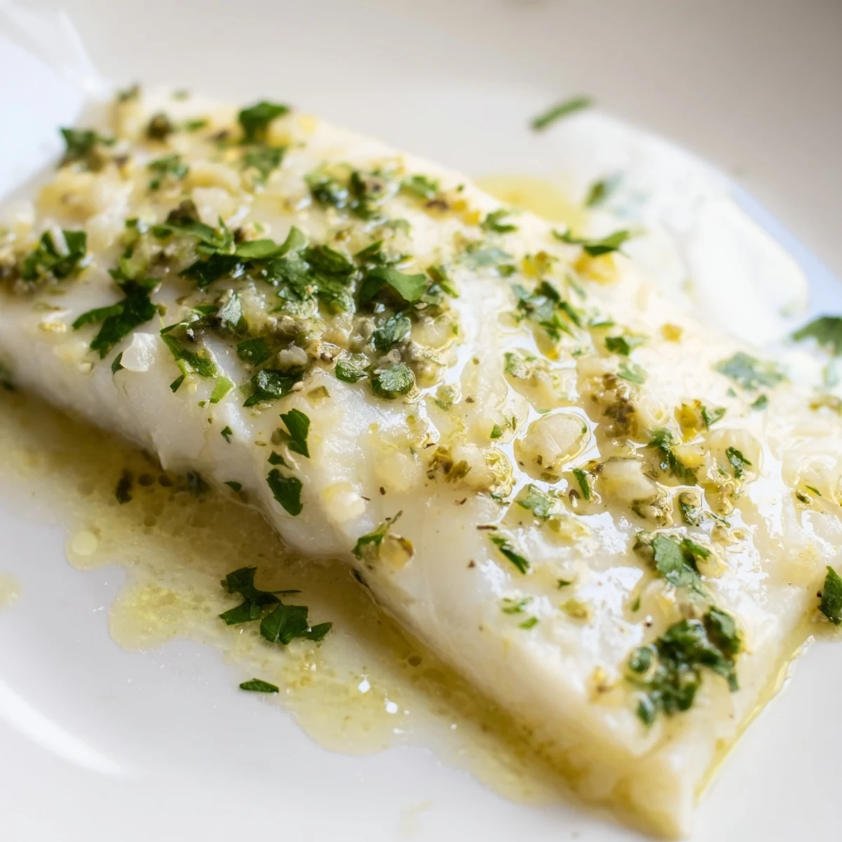 Golden baked halibut fillets topped with melted lemon butter, garlic, and fresh herbs on a plate.