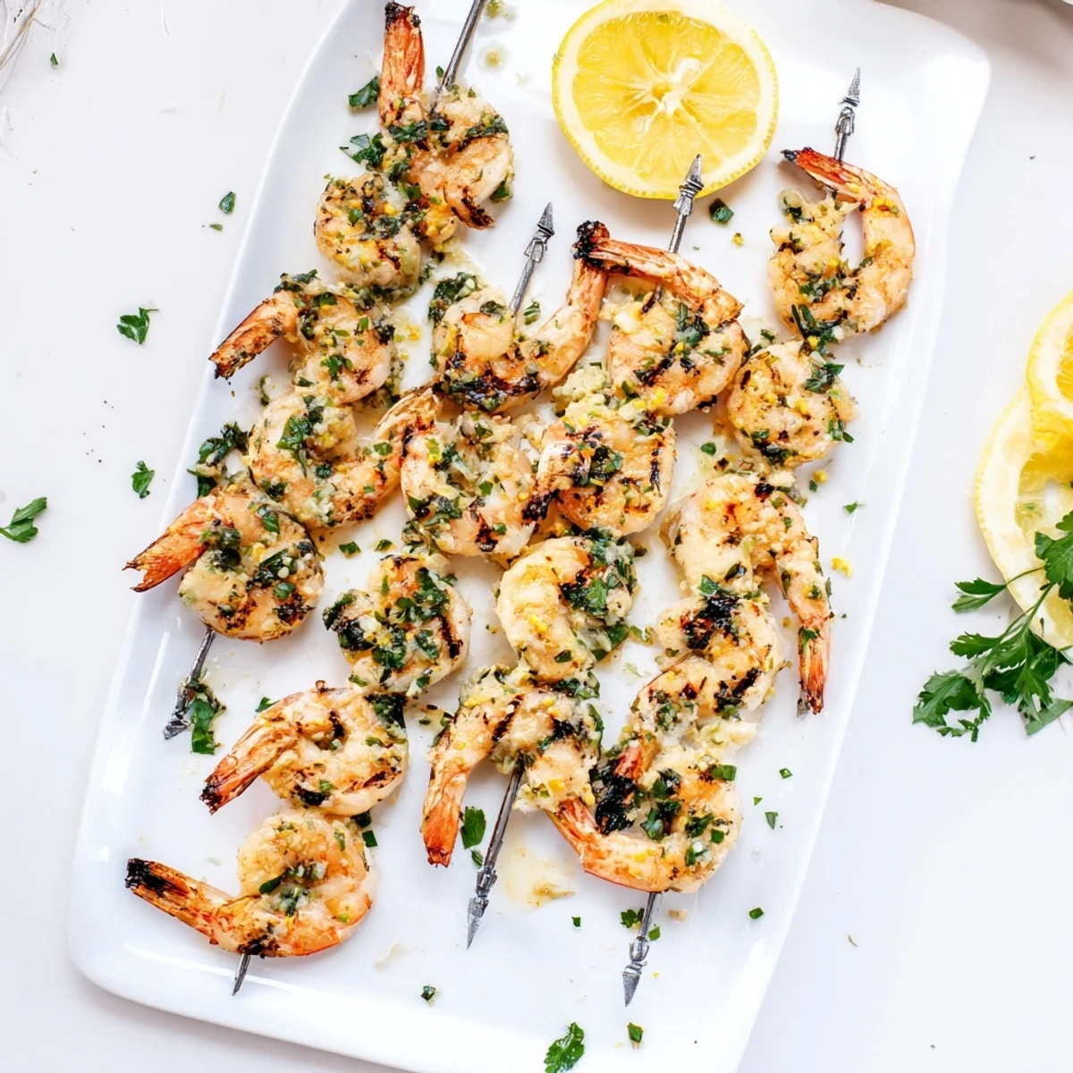 Golden-brown Lemon Garlic Shrimp Skewers fresh off the grill, garnished with vibrant parsley and lemon wedges for a zesty Mediterranean-inspired presentation.