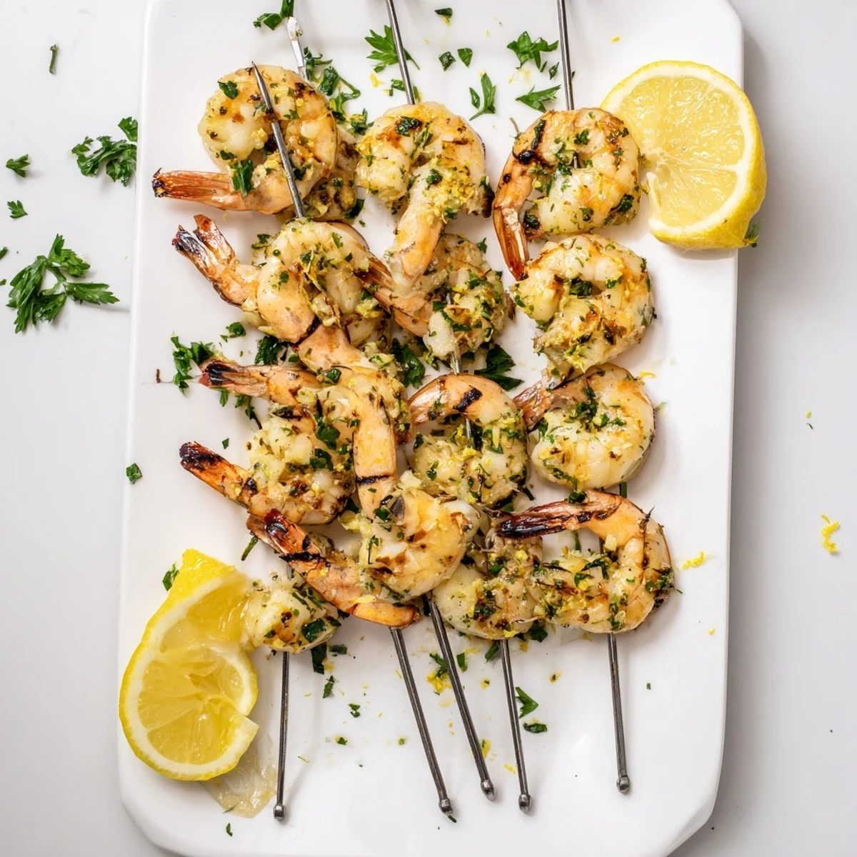 Brightly grilled Lemon Garlic Shrimp Skewers, showcasing juicy shrimp with a golden char, served alongside fresh lemon wedges and parsley on a platter.