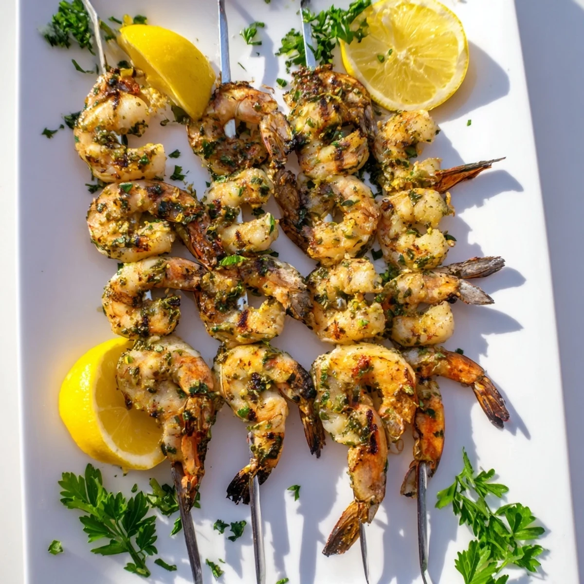 Sizzling Lemon Garlic Shrimp Skewers with a light char and glistening marinade, perfect for a quick summer weeknight meal or entertaining guests.