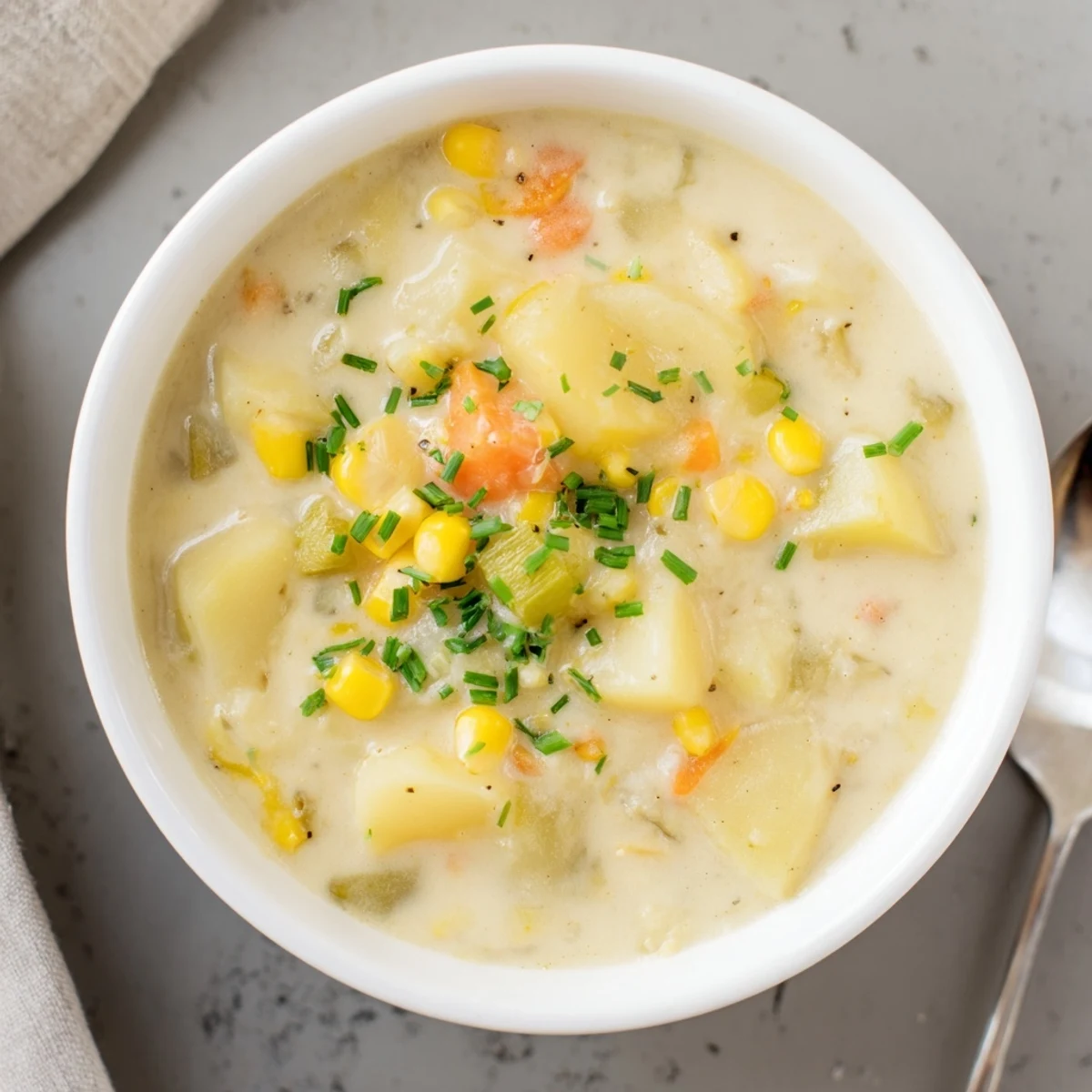 A bowl of creamy corn and potato chowder garnished with fresh chives, showcasing tender potato chunks and golden kernels.  
