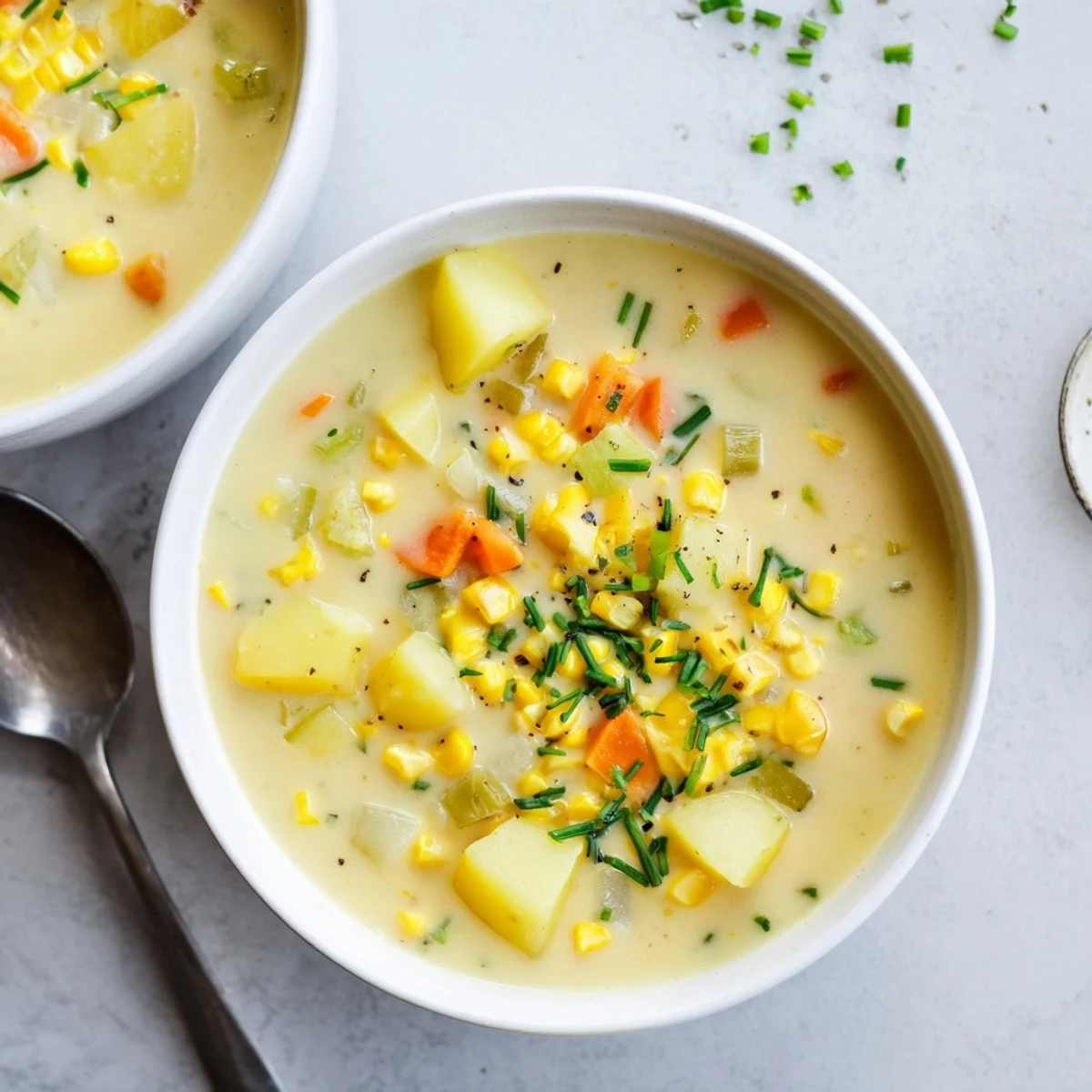 Cozy serving of creamy corn and potato chowder topped with parsley, perfect for chilly evenings with crusty bread.