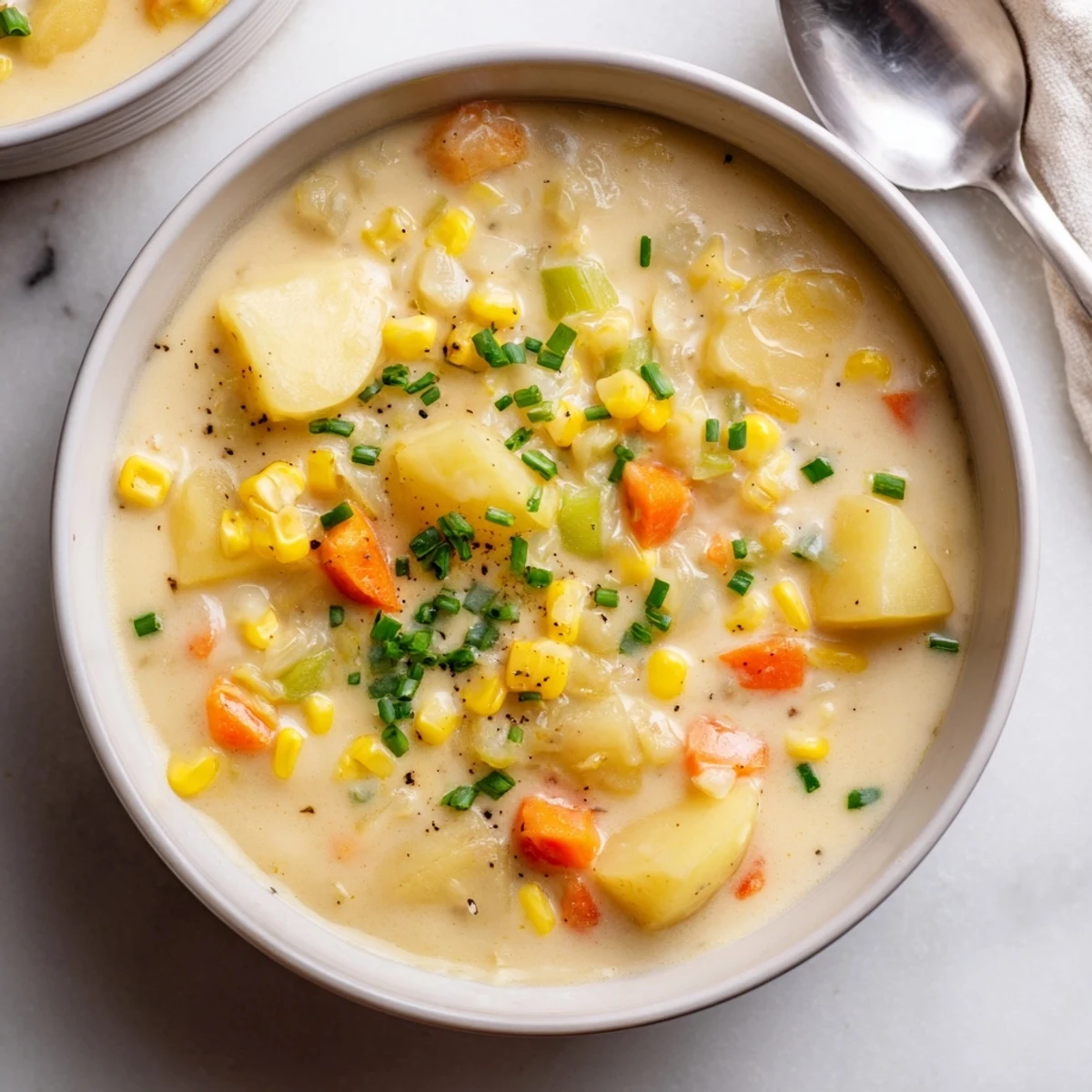 Hearty vegetarian corn and potato chowder simmering in a pot, blending velvety broth with sweet corn and diced carrots.  