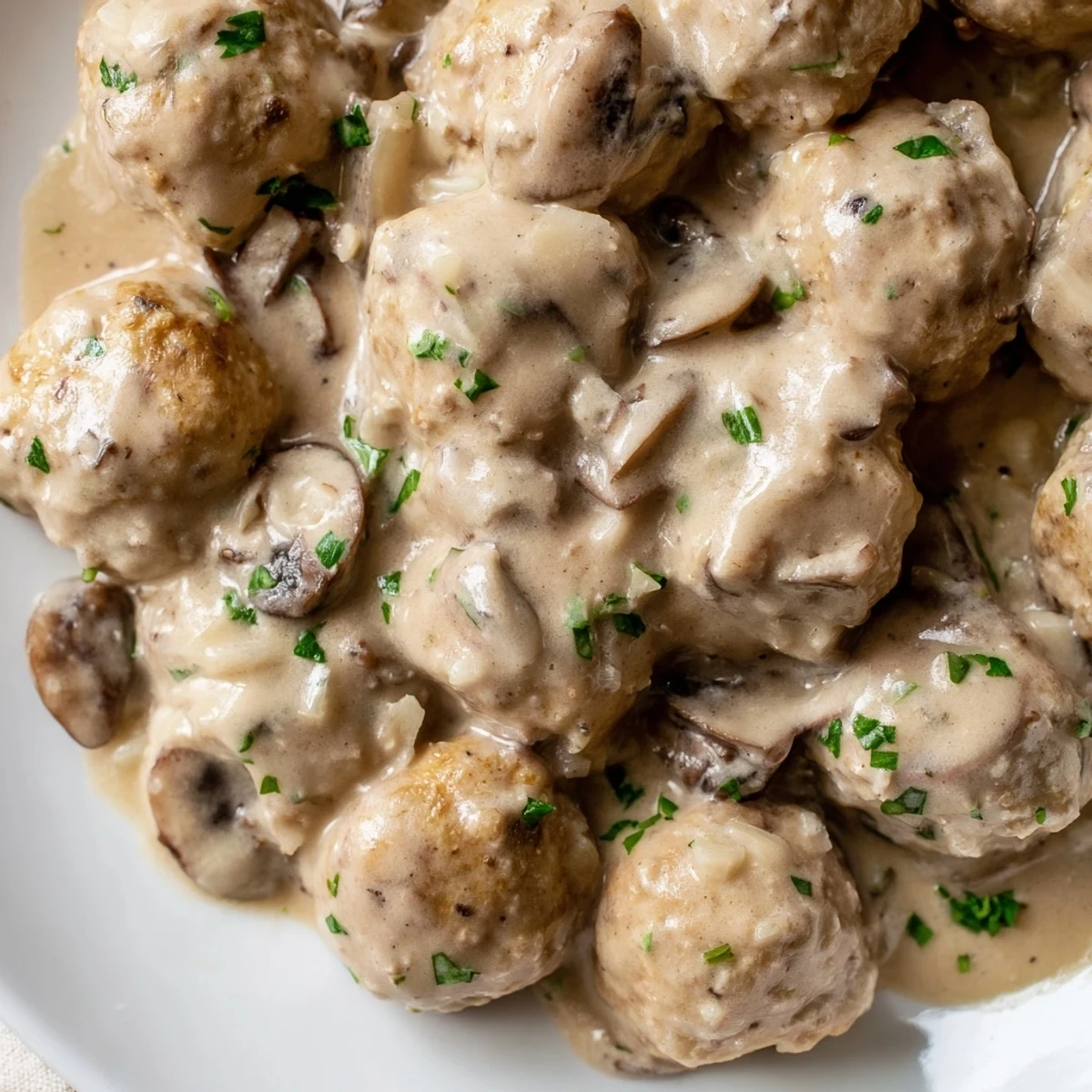 Tender turkey meatballs simmer in creamy mushroom sauce over egg noodles, garnished with fresh parsley for a comforting twist on classic Stroganoff.