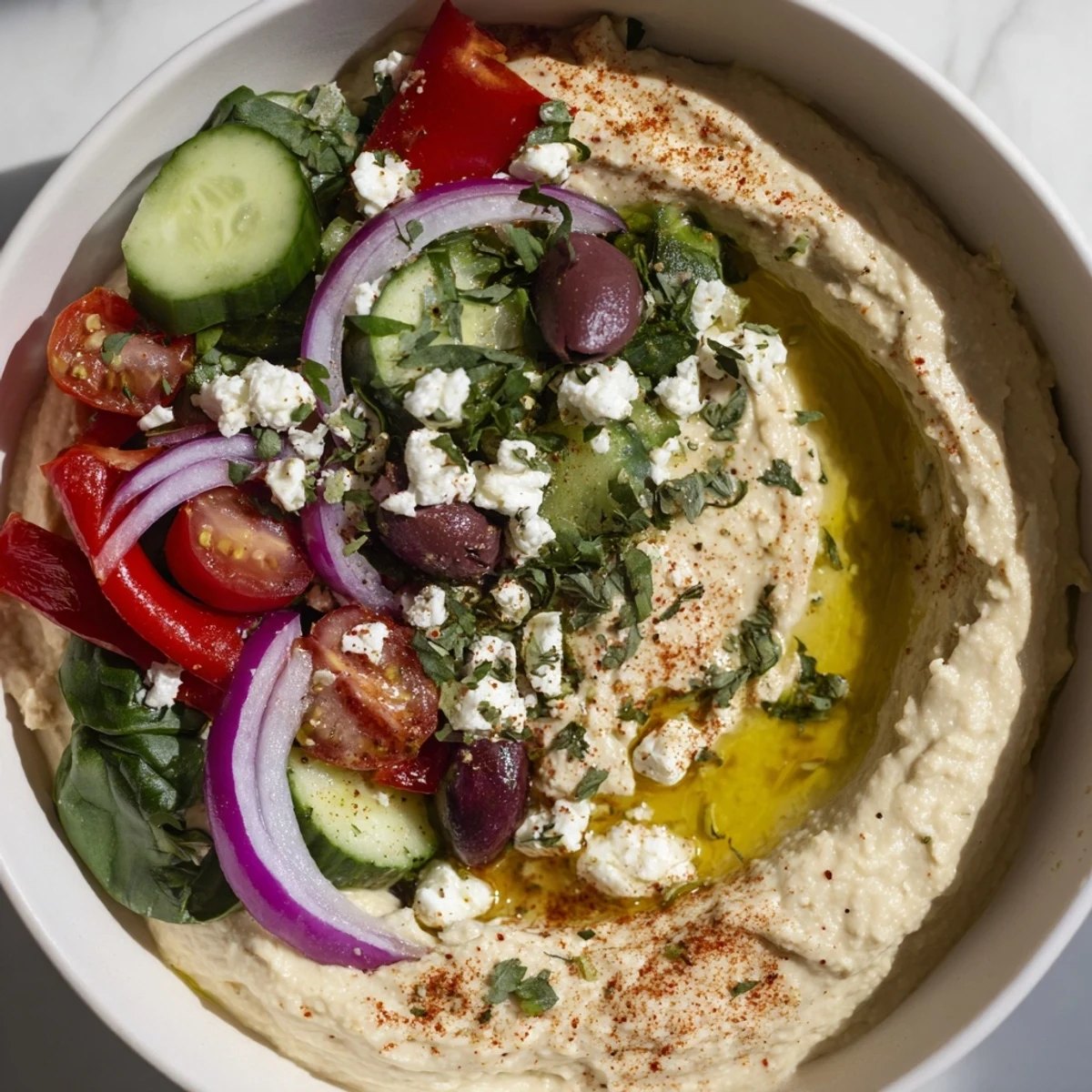 Colorful Mediterranean Hummus Bowl with spinach, roasted red peppers, feta crumbles, and a drizzle of olive oil beside lemon wedges.