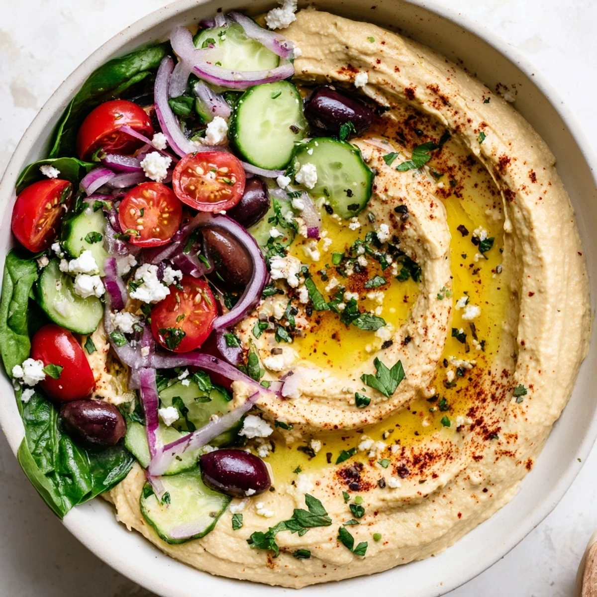 Close-up of a Mediterranean Hummus Bowl showing a well of hummus topped with vegetables, olives, and parsley served with pita.