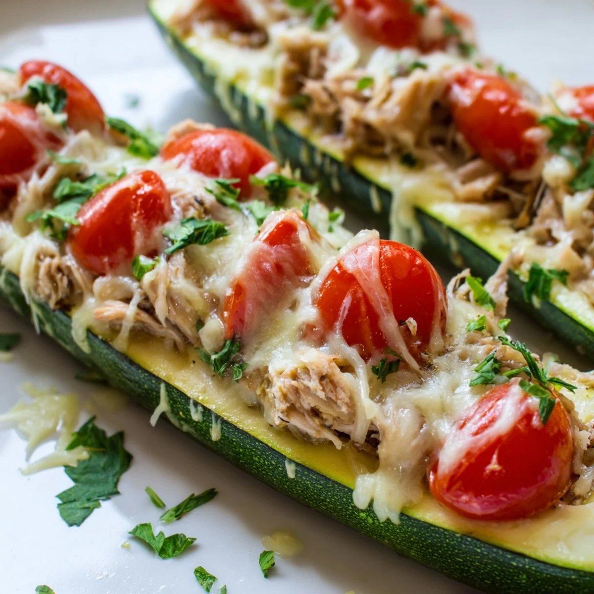 Freshly baked Chicken Zucchini Boats with Cheese feature golden, bubbly mozzarella and Parmesan melting over tender zucchini halves and a savory chicken-tomato filling.