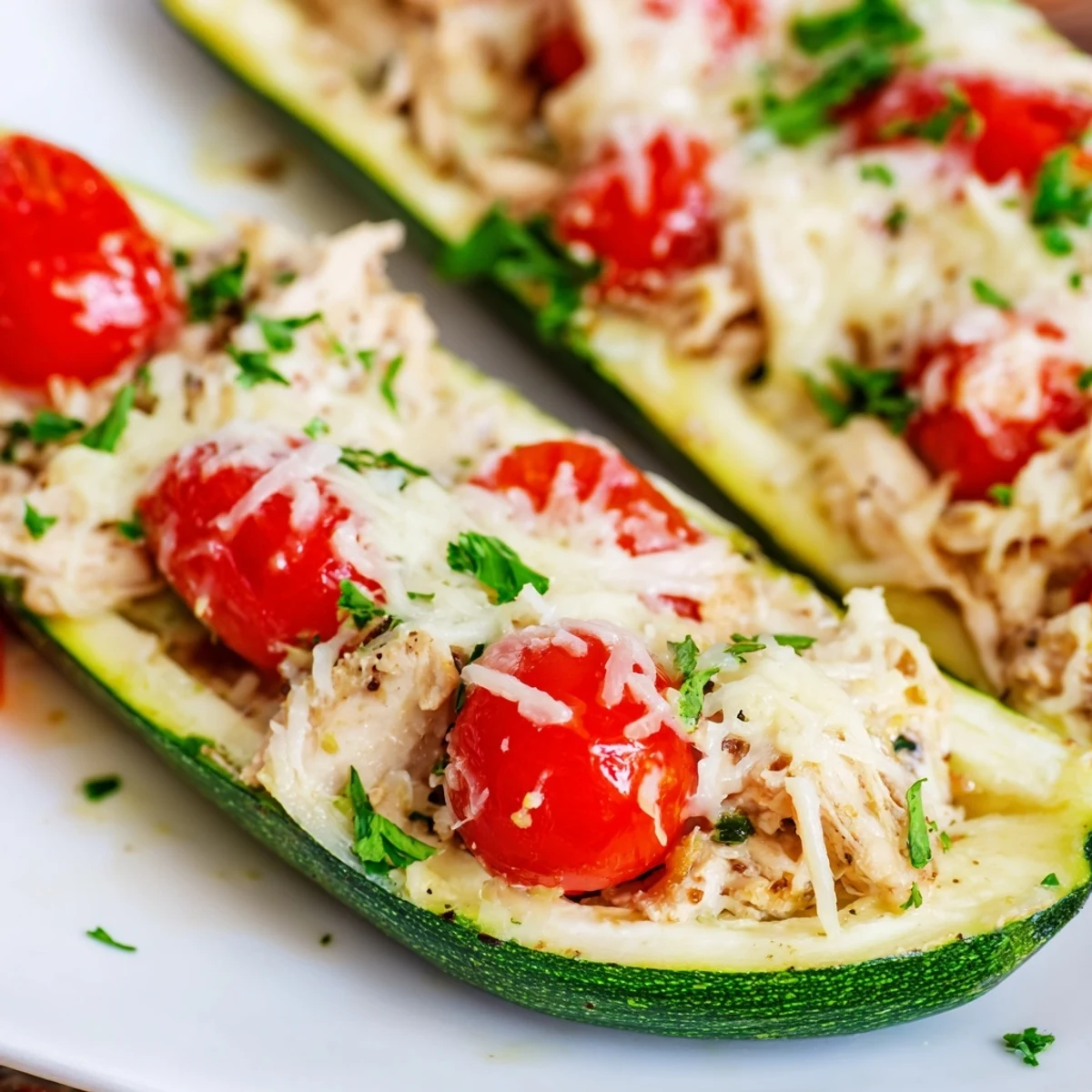 A close-up view of a low-carb Chicken Zucchini Boats with Cheese dinner, garnished with fresh basil and served alongside a simple side salad.