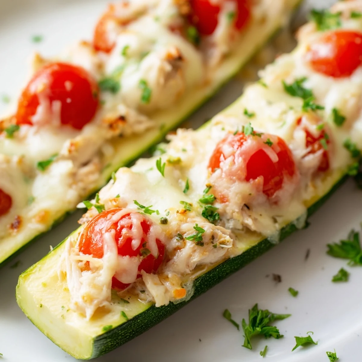 Overhead shot of colorful Chicken Zucchini Boats with Cheese, showcasing the juicy tomato and herb filling tucked into roasted zucchini boats for a family-friendly meal.