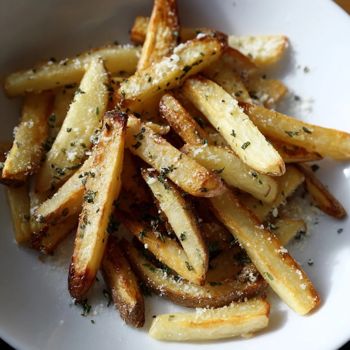 Golden-brown Roasted Fries with Garlic and Herbs emerge from the oven, garnished with fresh parsley and served alongside creamy ketchup.