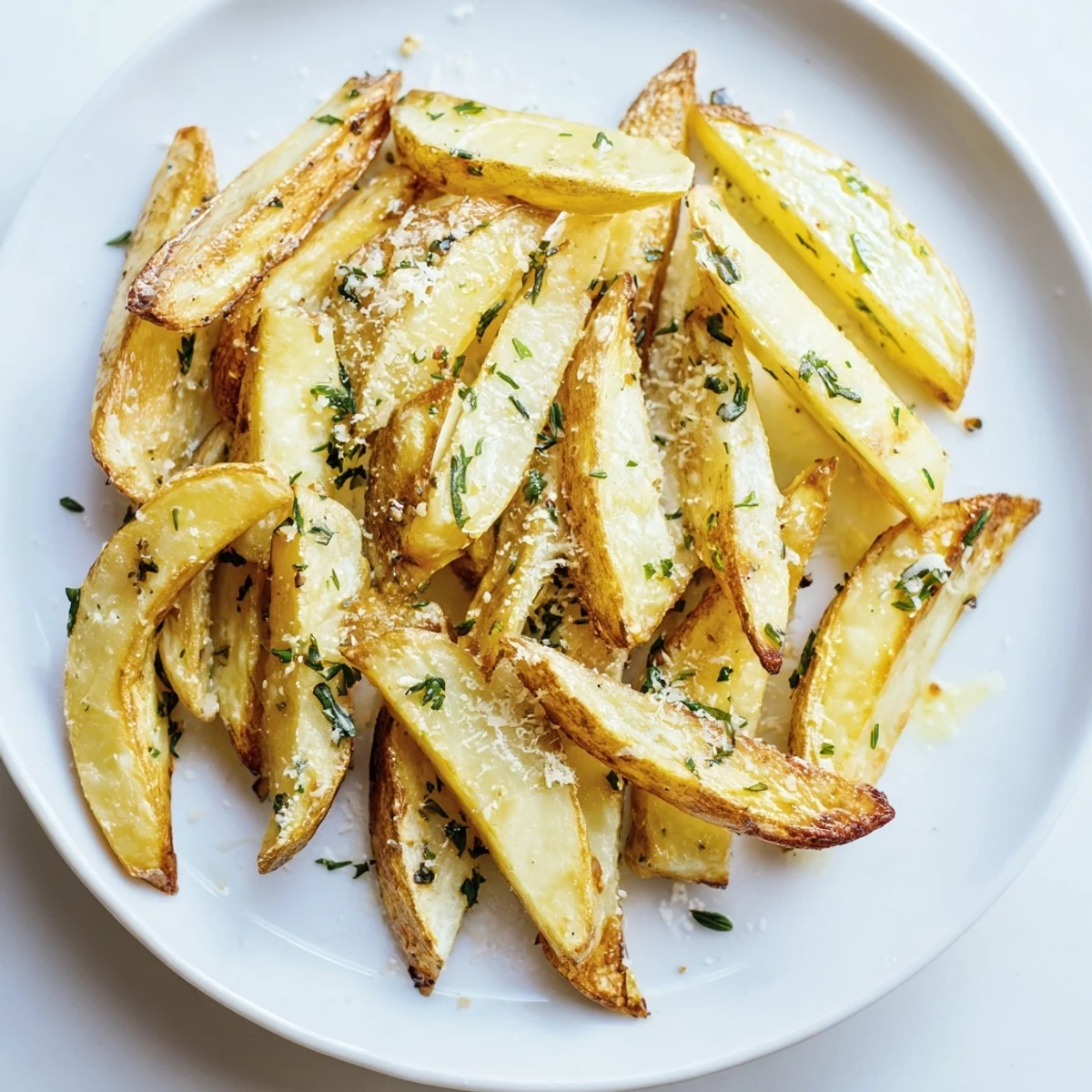 A close-up view reveals crispy edges on Roasted Fries with Garlic and Herbs, seasoned with herbs and ready to be dipped.