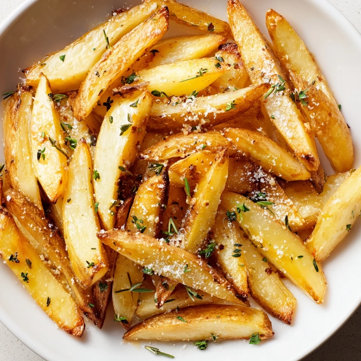 Appetizing platter of Roasted Fries with Garlic and Herbs, featuring russet potatoes roasted to perfection and topped with fresh thyme.